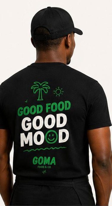 T-shirt noir GOMA, dos imprimé Good Food Good Mood